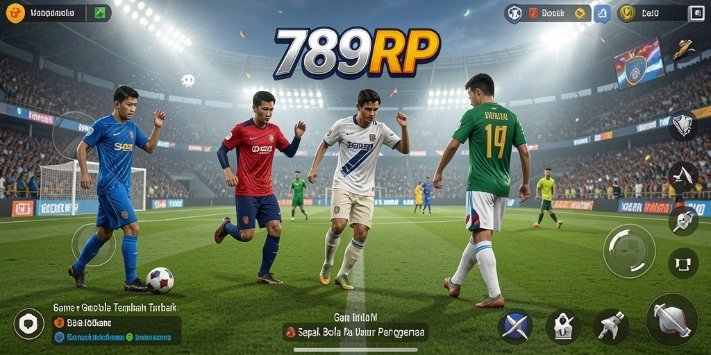 Screenshot utama 789RP menampilkan aksi seru di lapangan sepak bola.