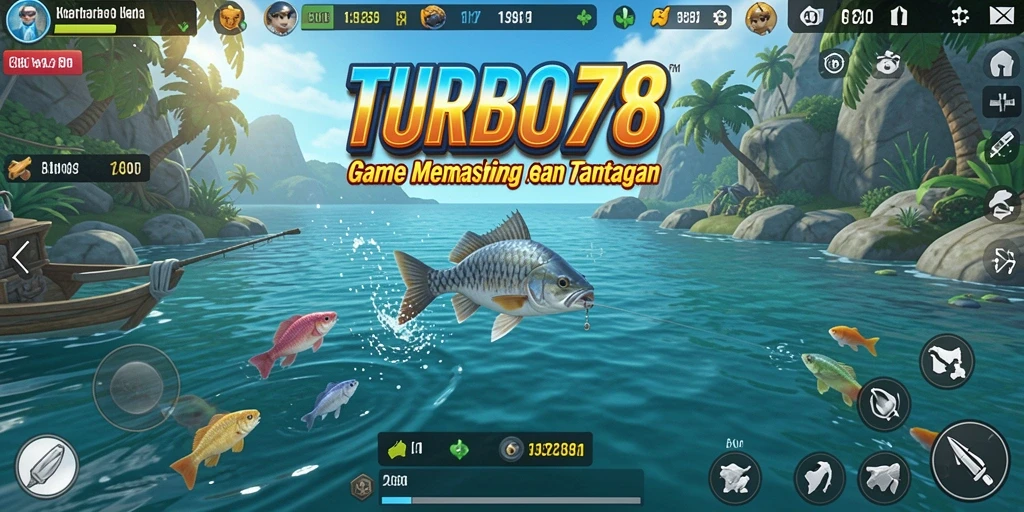 Tangkapan layar utama TURBO78 menampilkan serunya gameplay memancing.